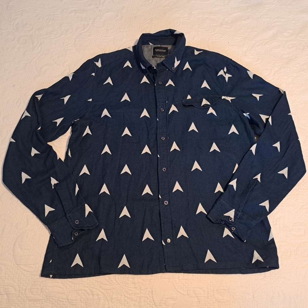 Scotch & Soda men's size XL blue shirt with white design long sleeve shirt VGUC